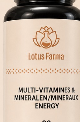 Close detail of a LotusFarma bottle label and flask-lotus mark